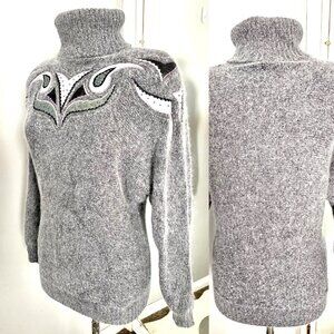 Vintage Turtleneck Sweater Silk Angora Lambswool M Gray Embroidered Beaded